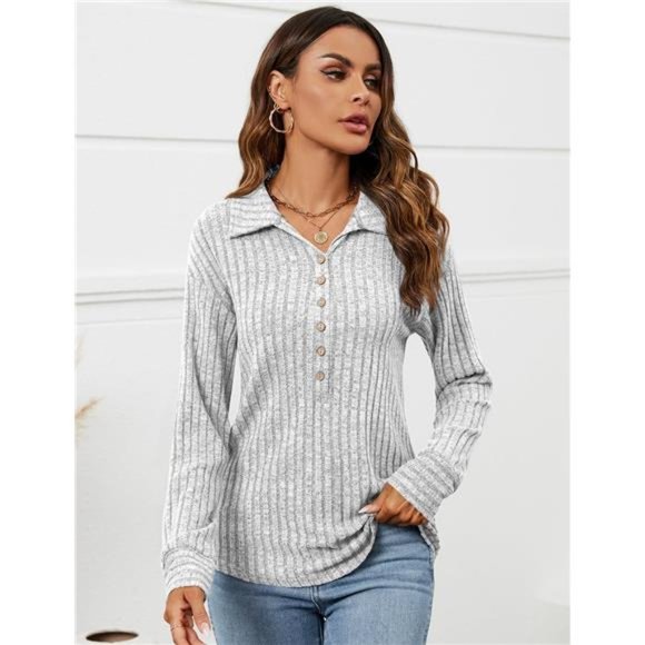 Casual Long Sleeve Button Blouses Ribbed Knit Collared Oversized Loose Fit Tops - Picture 2 of 7
